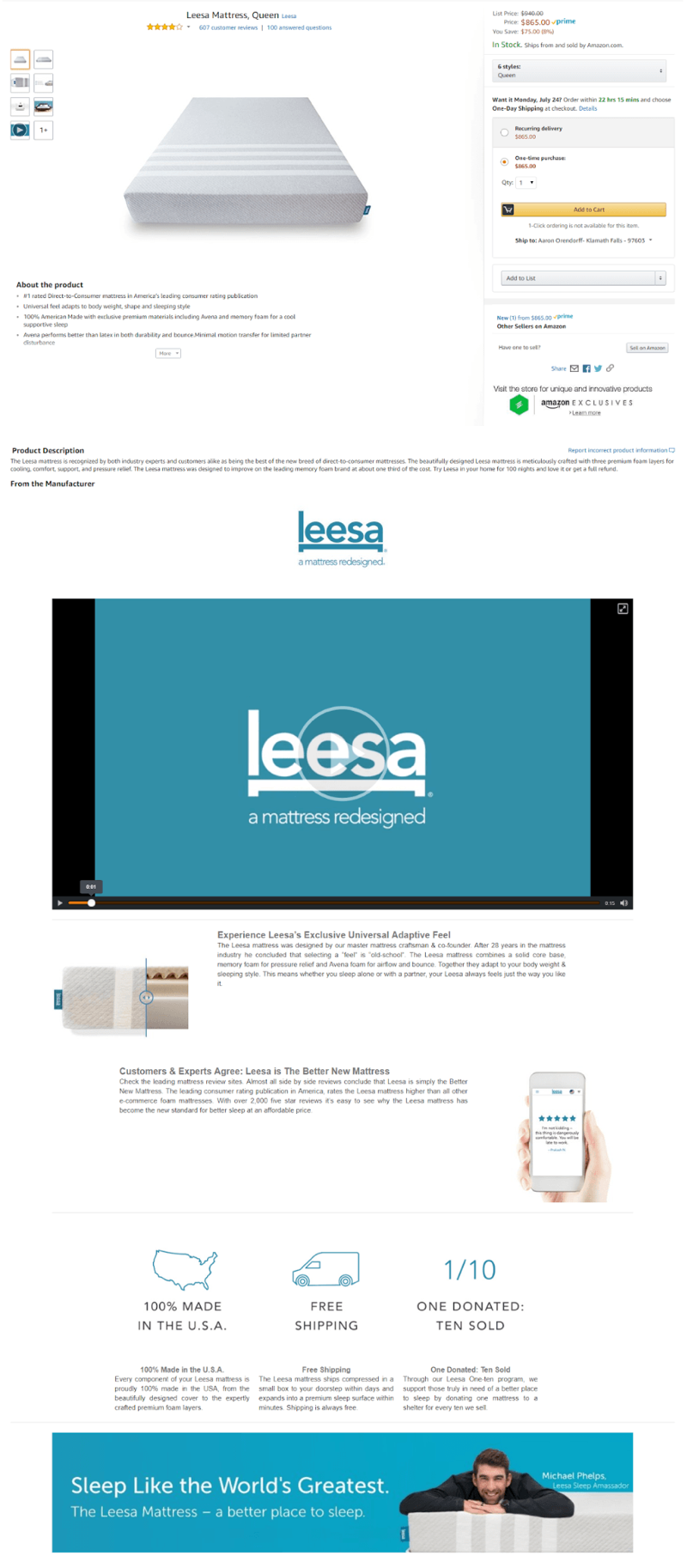 Video giới thiệu sản phẩm của Leesa trên Amazon 